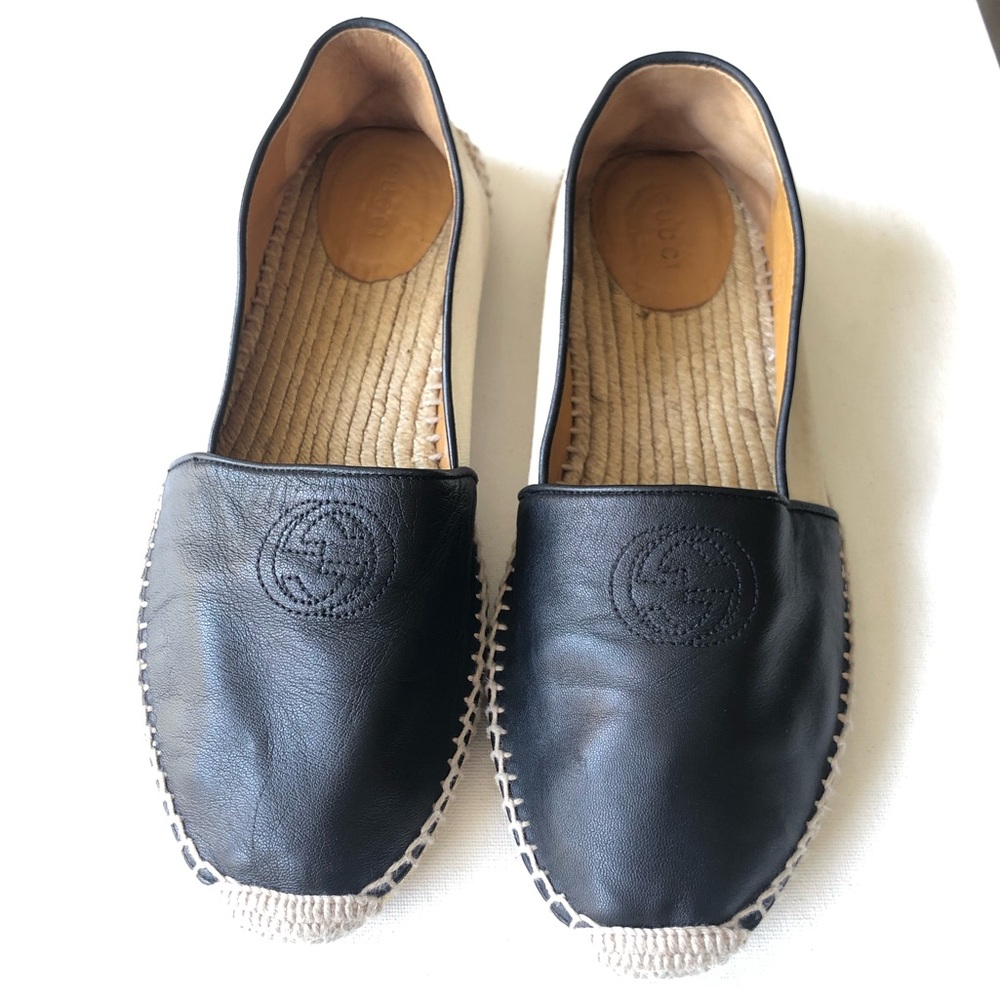 Gucci black leather and beige fabric espadrilles women’s size 39.5